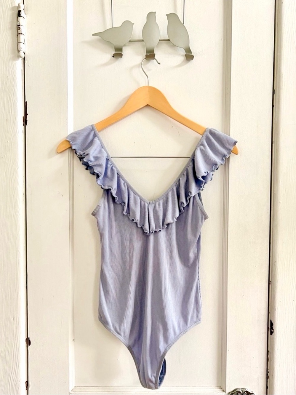 Aritzia Wilfred Ruffle V-Neck Bodysuit in Blueish-Gray